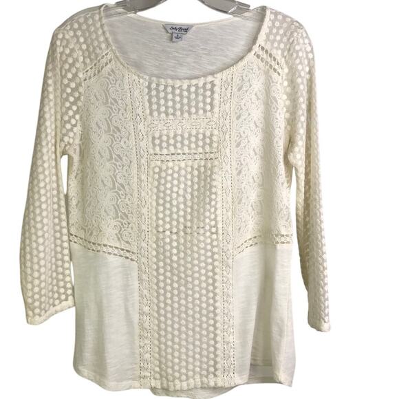 Lucky Brand Top Womens Size Small White Boat Neck Elbow Length Sleeve Lace Front - Picture 1 of 6